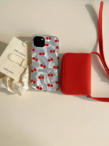 Qfdian Red cherry water-ripple bowknot chain spring funda for iphone 15pro 13 11 15 12promax 14pro 13pro 12 pro max ins phone case